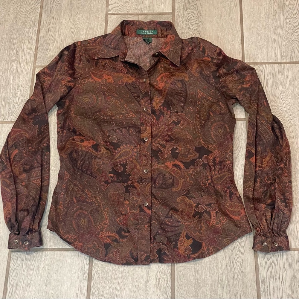 Ralph Lauren Womens Shirt Top SMALL Brown Paisley Button Up Long Sleeve Cotton